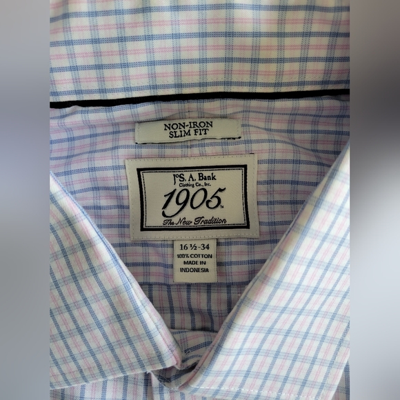 jos a bank Dress shirt long sleeve 16.5 34 Blue pink plaid - Picture 2 of 3